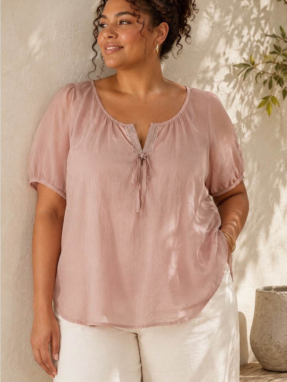 Mossimo Women’s L 100% Cotton Pink Peasant Blouse Short Sleeve Boho Top